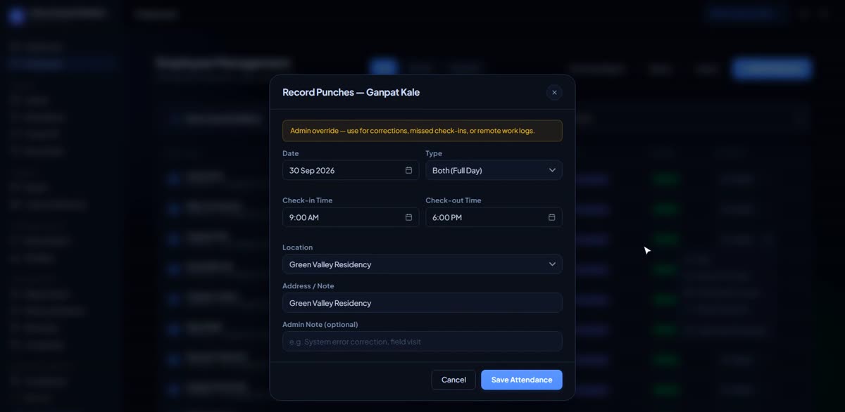 Log the first attendance in BizlumoAI for a construction business