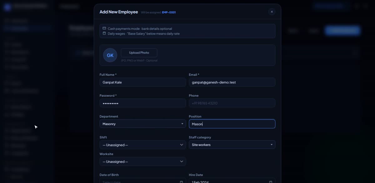 Add your first employee in BizlumoAI for a construction business