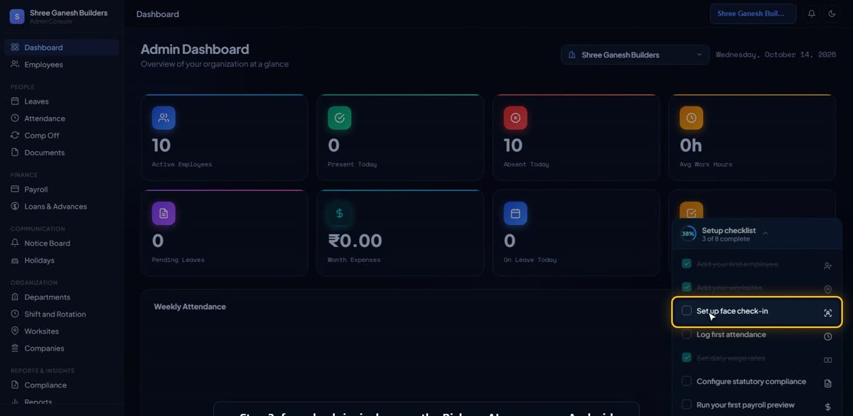 Set up face check-in in BizlumoAI for a construction business