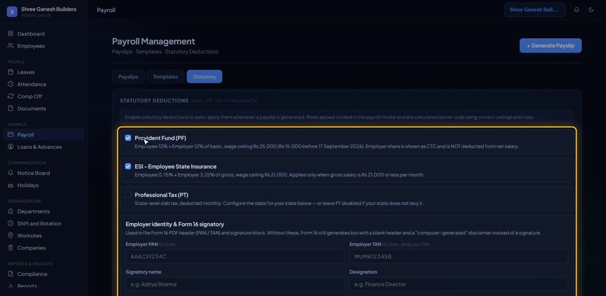 Switch on PF, ESI and PT in BizlumoAI for a construction business