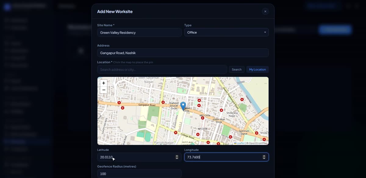 Add your work sites in BizlumoAI for a construction business