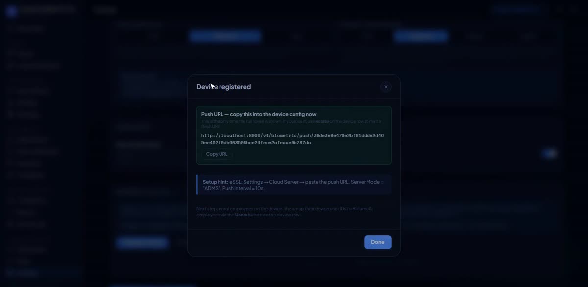 Connect your fingerprint machine in BizlumoAI for a factory