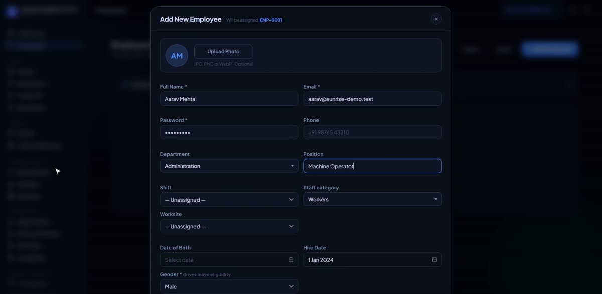 Add your first employee in BizlumoAI for a factory