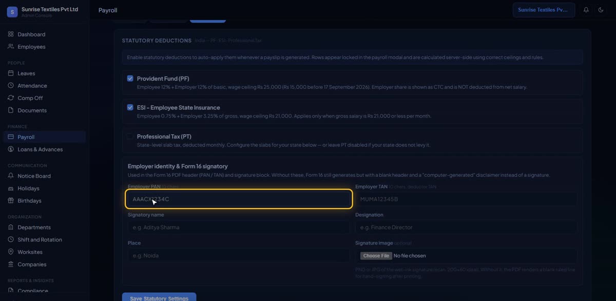 Add PAN, TAN and the Form 16 signatory in BizlumoAI for a factory