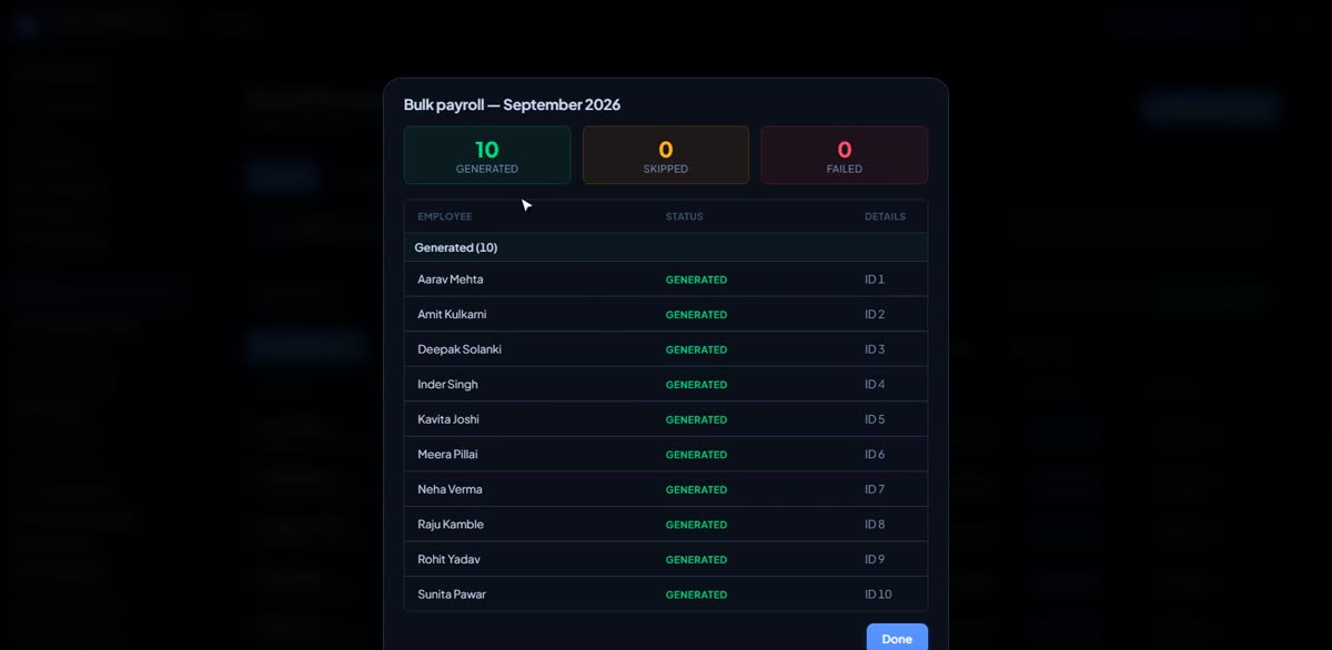 Run your first payroll in BizlumoAI for a factory