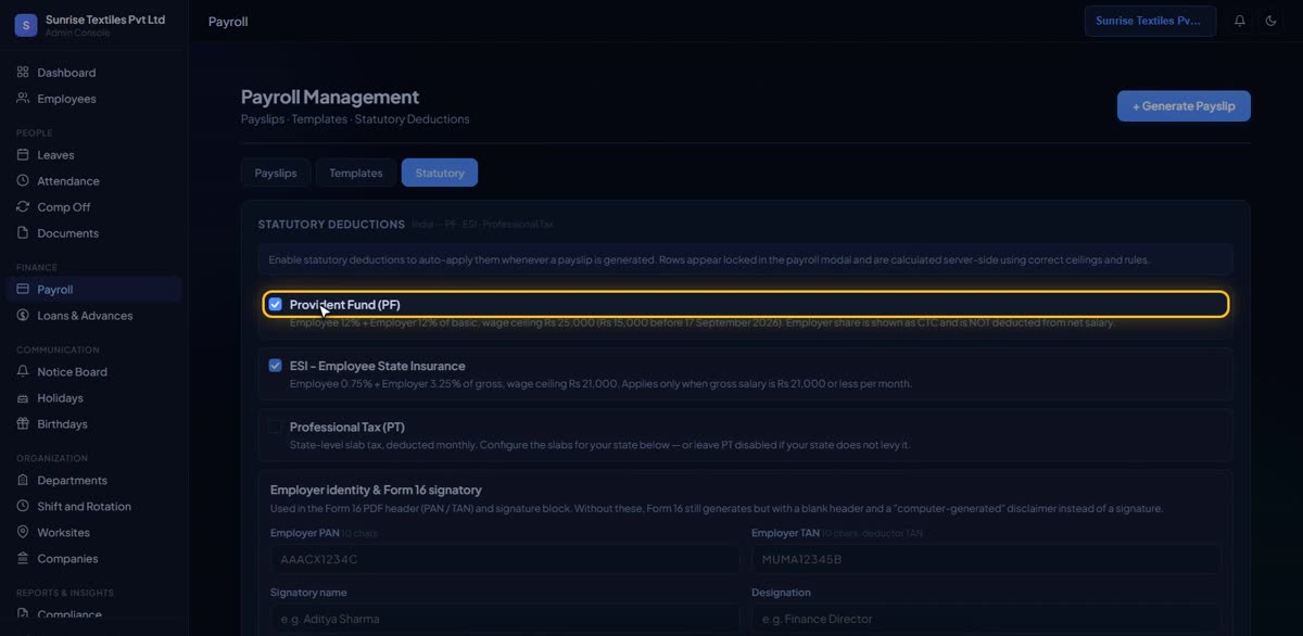 Switch on PF, ESI and PT in BizlumoAI for a factory