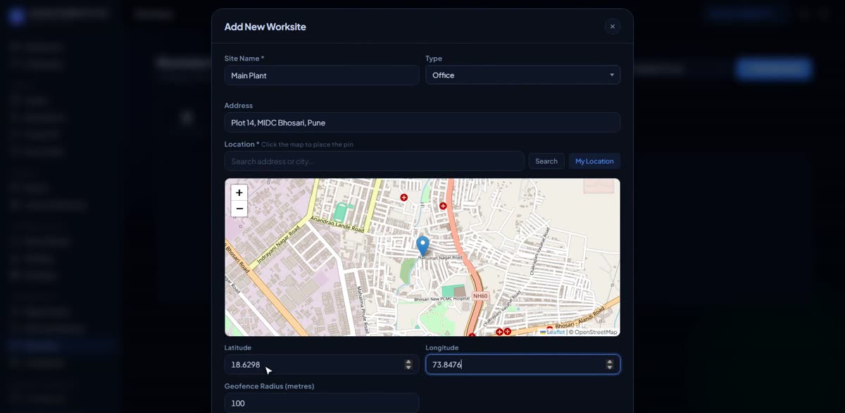 Add your work sites in BizlumoAI for a factory