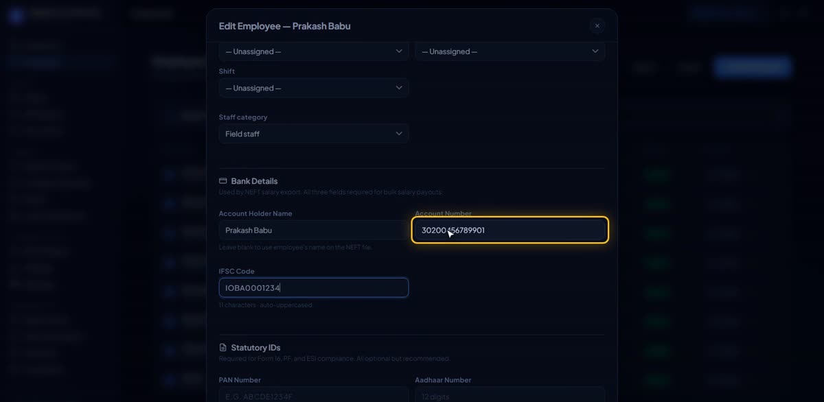 Add bank details in BizlumoAI for a field team
