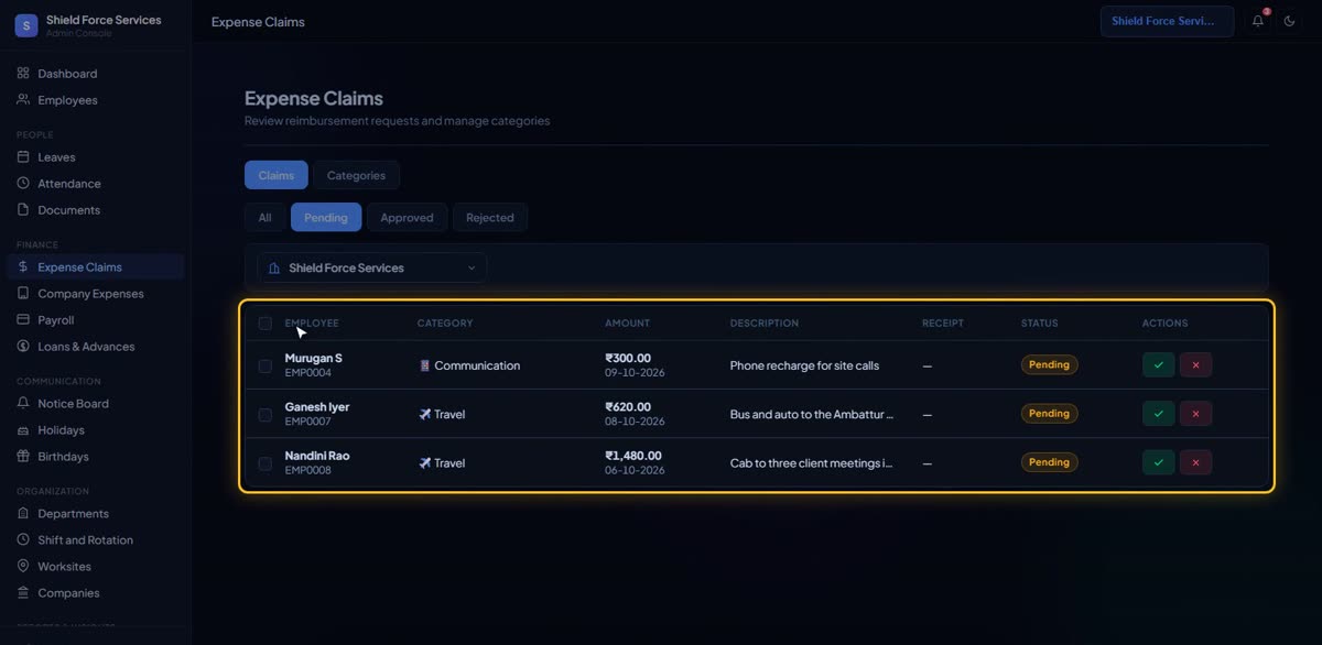 Approve expense claims in BizlumoAI for a field team