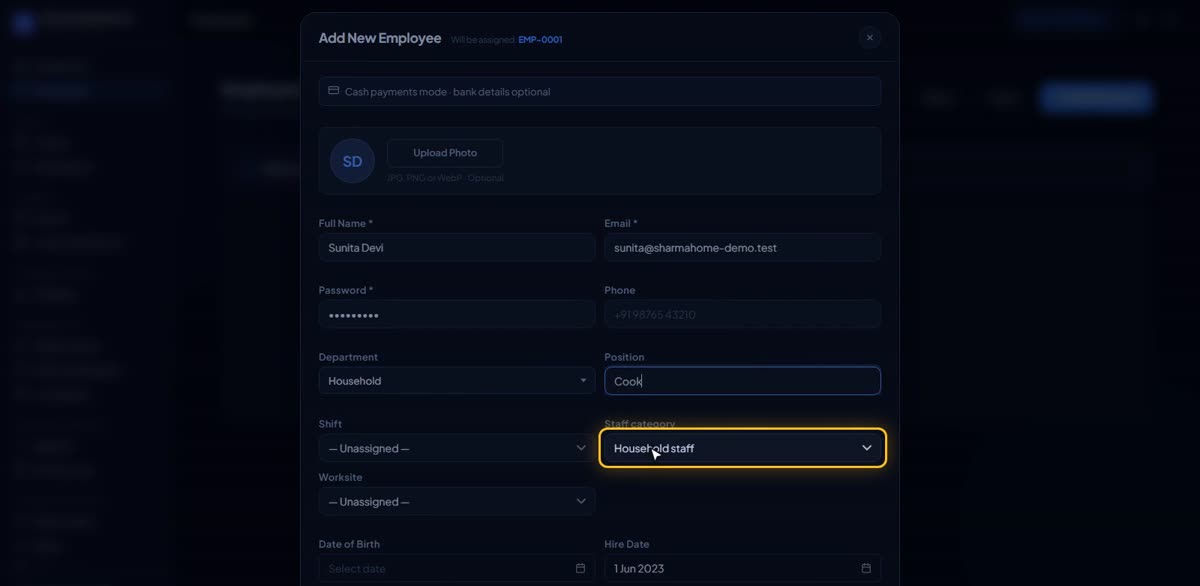 Add your first employee in BizlumoAI for a household