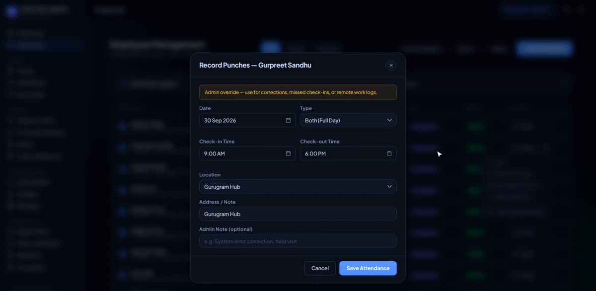 Log the first attendance in BizlumoAI for a logistics or transport business