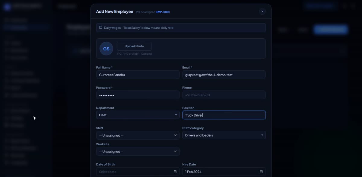Add your first employee in BizlumoAI for a logistics or transport business