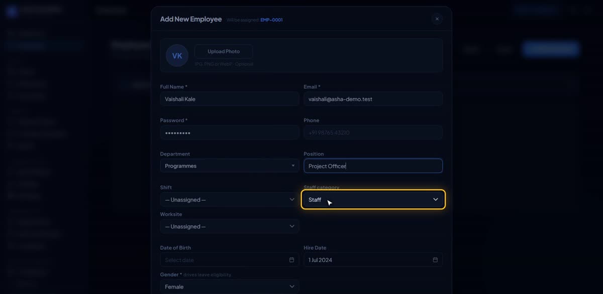 Add your first employee in BizlumoAI for a NGO or trust