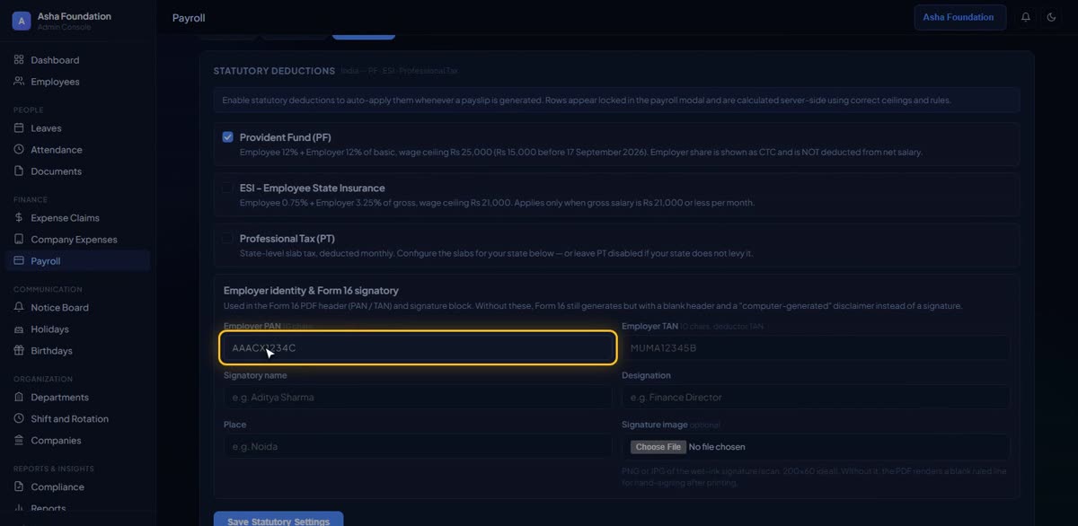 Add PAN, TAN and the Form 16 signatory in BizlumoAI for a NGO or trust