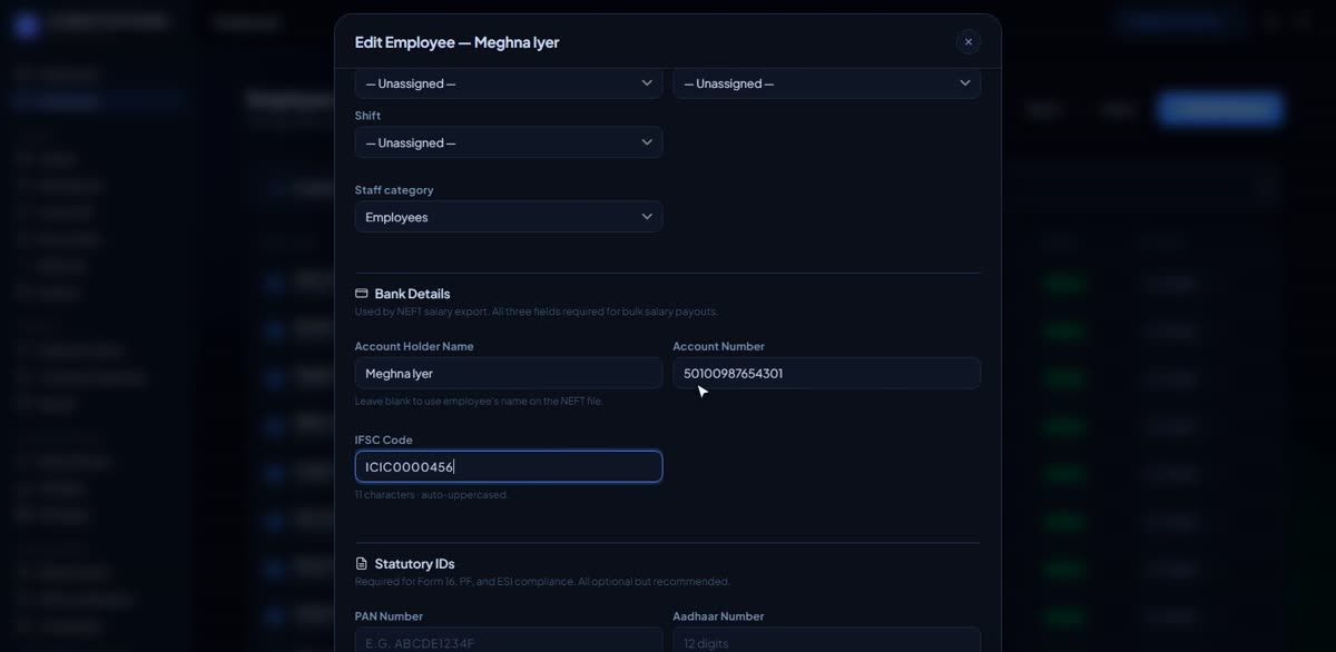 Add bank details in BizlumoAI for a professional services firm