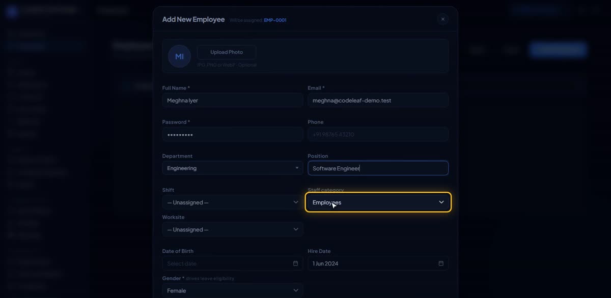 Add your first employee in BizlumoAI for a professional services firm