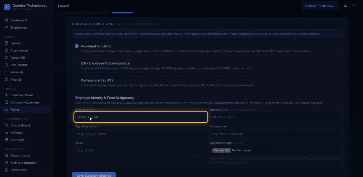 Add PAN, TAN and the Form 16 signatory in BizlumoAI for a professional services firm