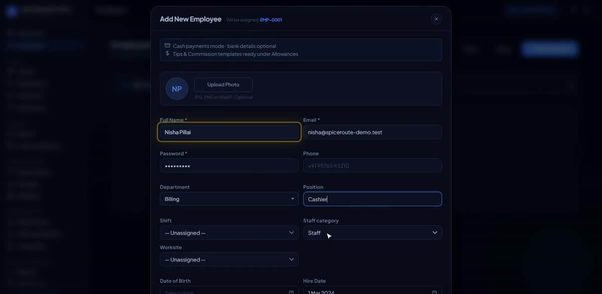 Add your first employee in BizlumoAI for a restaurant or café