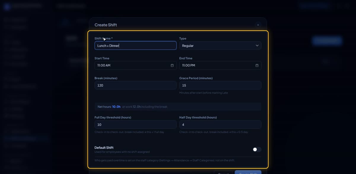 Set up your shifts in BizlumoAI for a restaurant or café