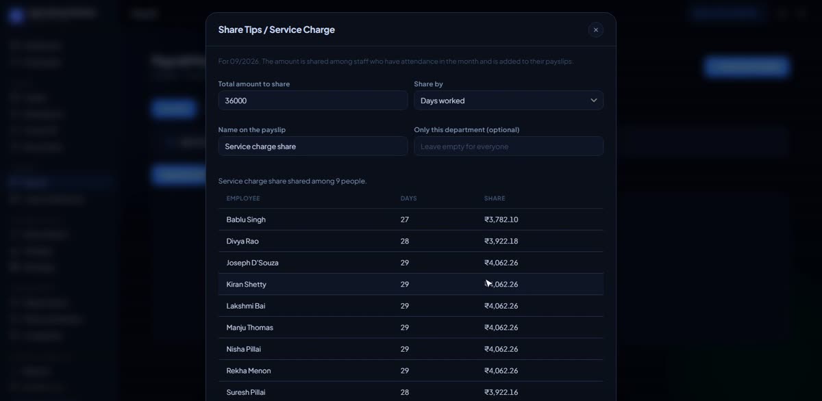 Share tips, service charge or commission in BizlumoAI for a restaurant or café