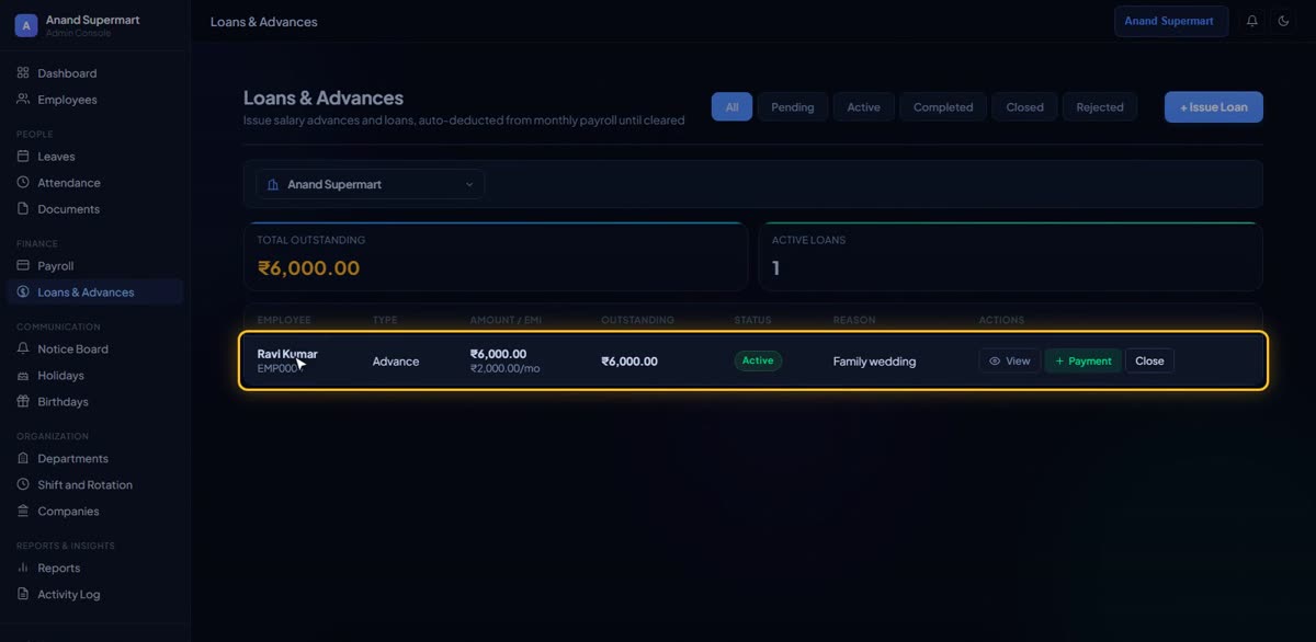Give a salary advance in BizlumoAI for a shop or store