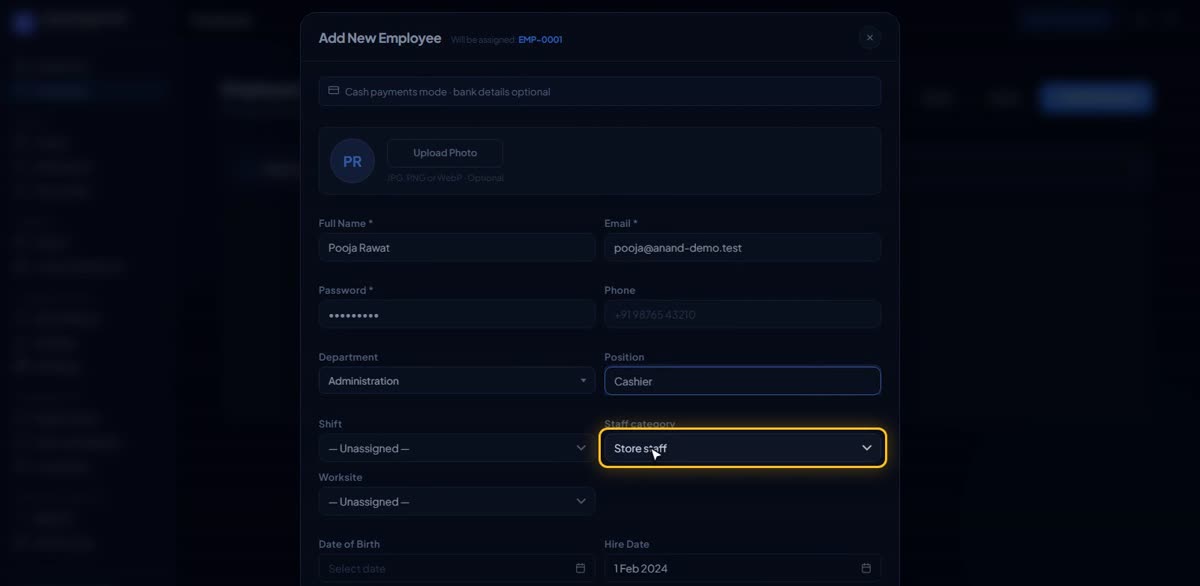 Add your first employee in BizlumoAI for a shop or store