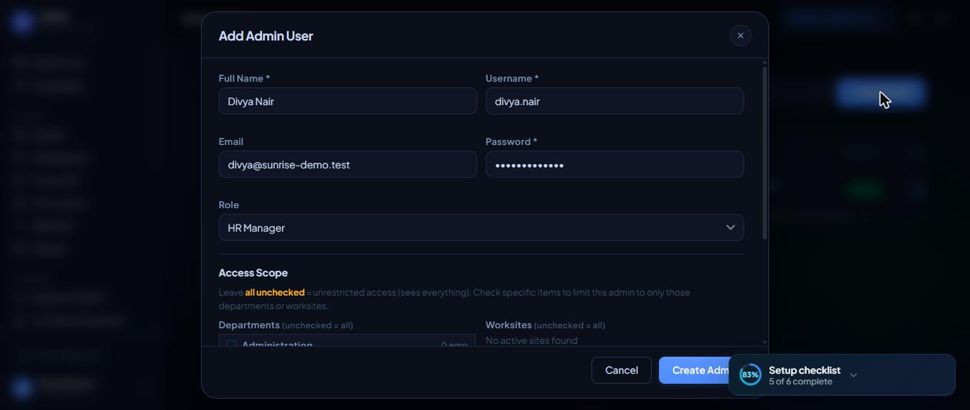 Add Admin User: name, username, role and access scope.