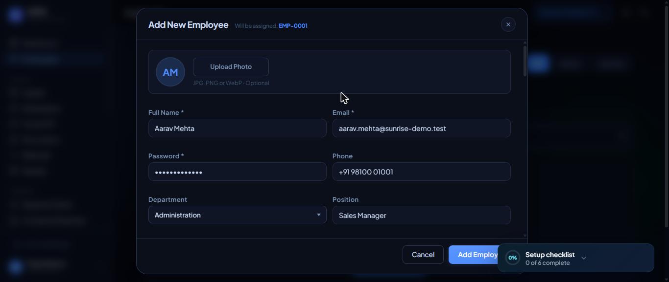 The Add New Employee form, top part.