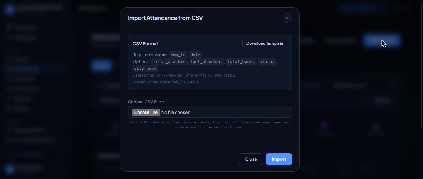 The import box lists the columns it accepts.