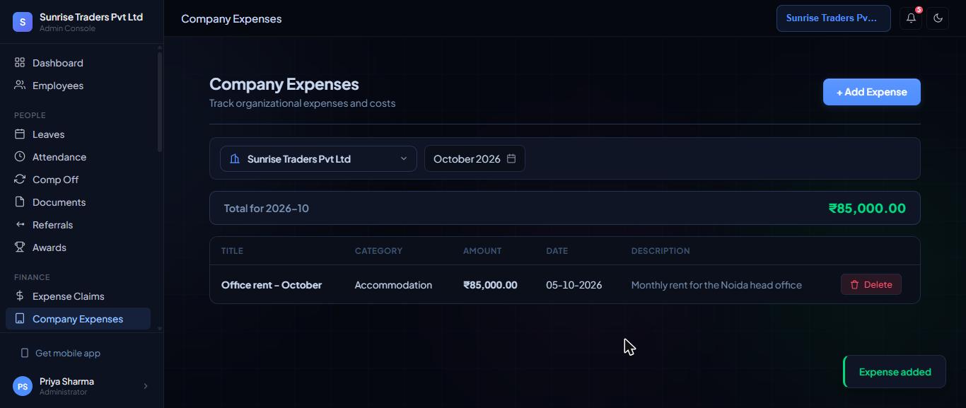 The month's total shows at the top.