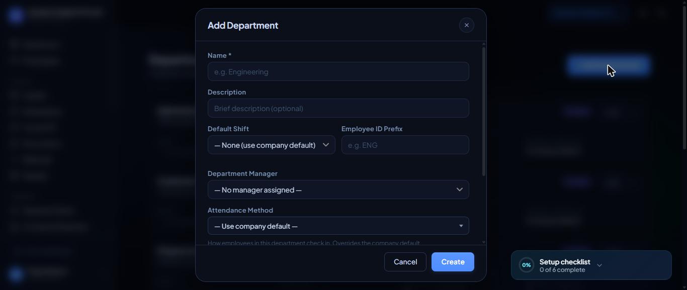 The Add Department form.