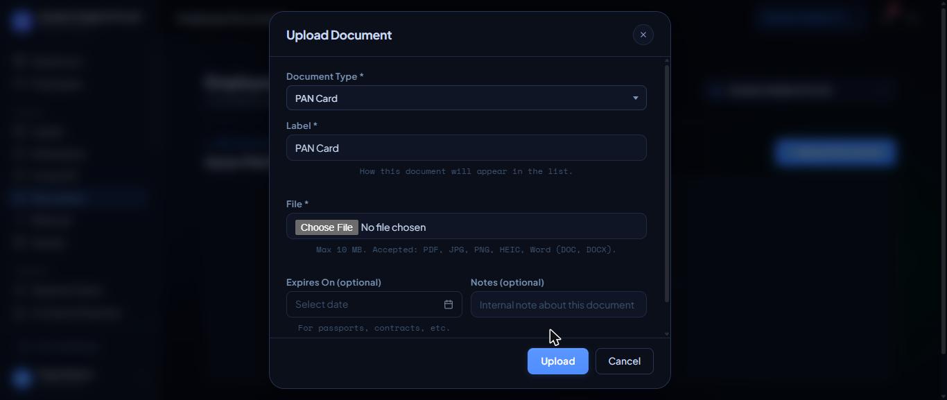 The Upload Document form.