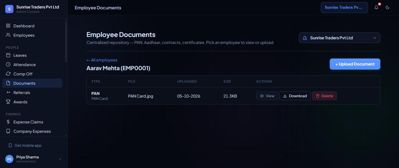 The document list, with View, Download and Delete.