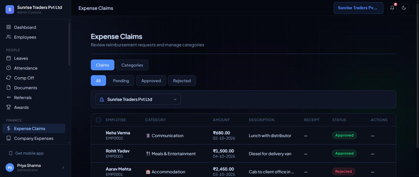Expense claims, with the date under each amount.