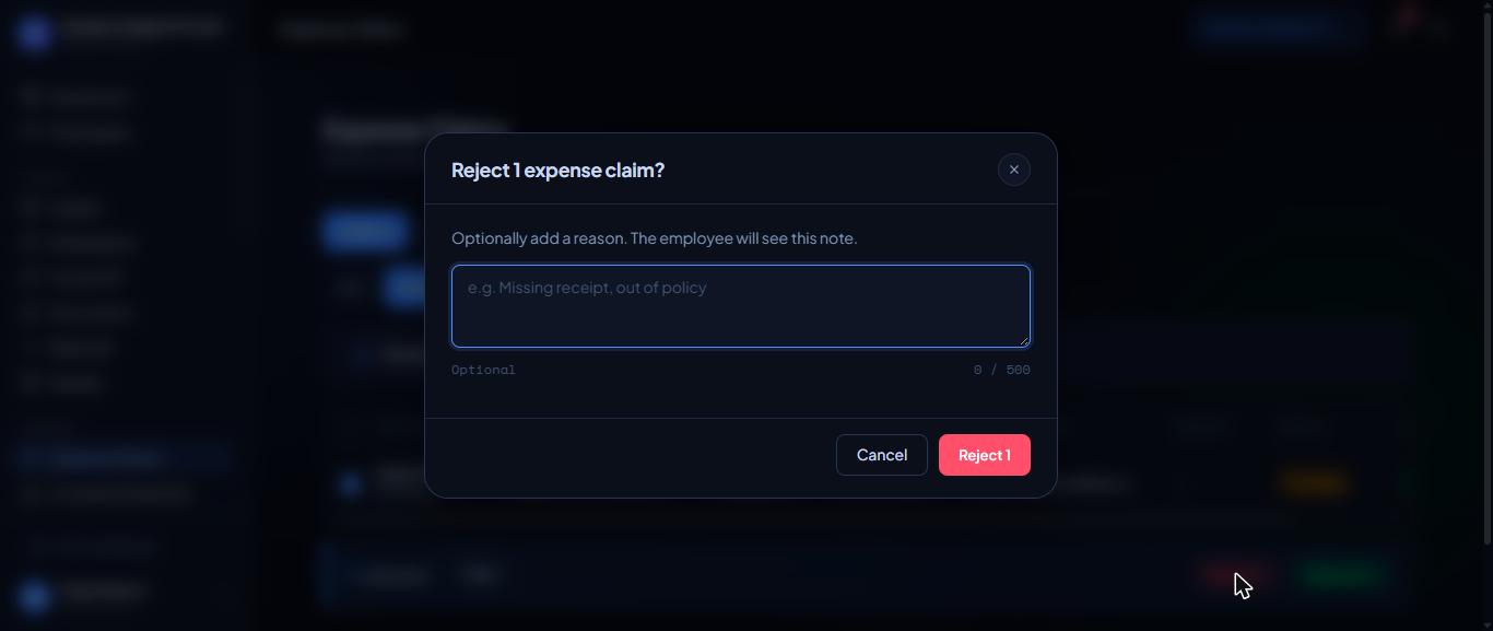 Rejecting a claim with a note for the employee.
