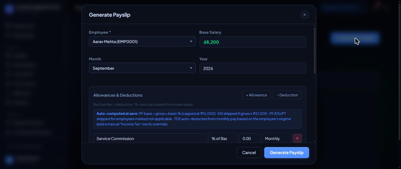 The Generate Payslip form.