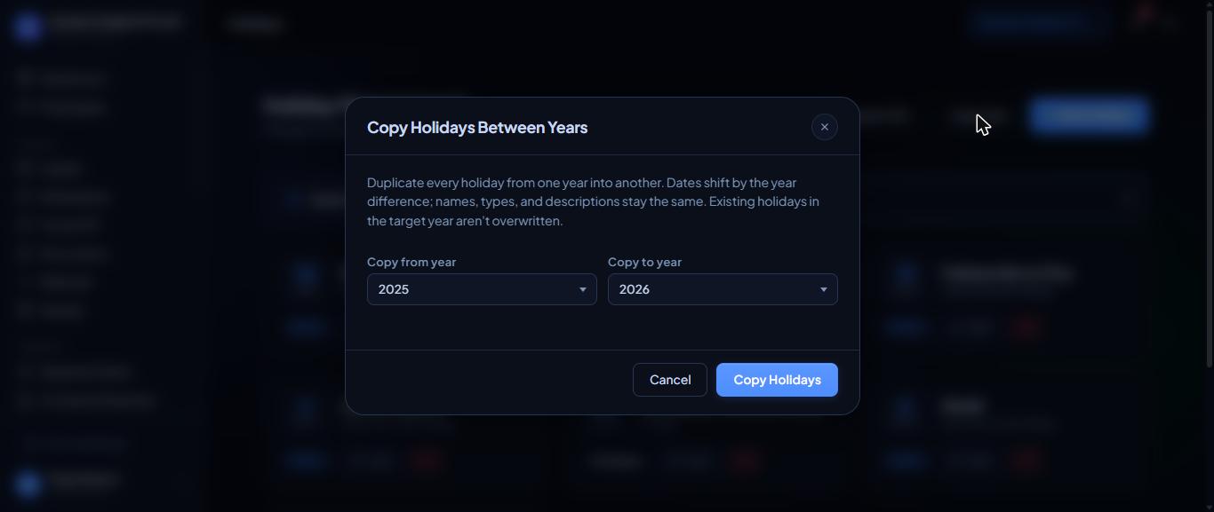 Copying holidays to another year.