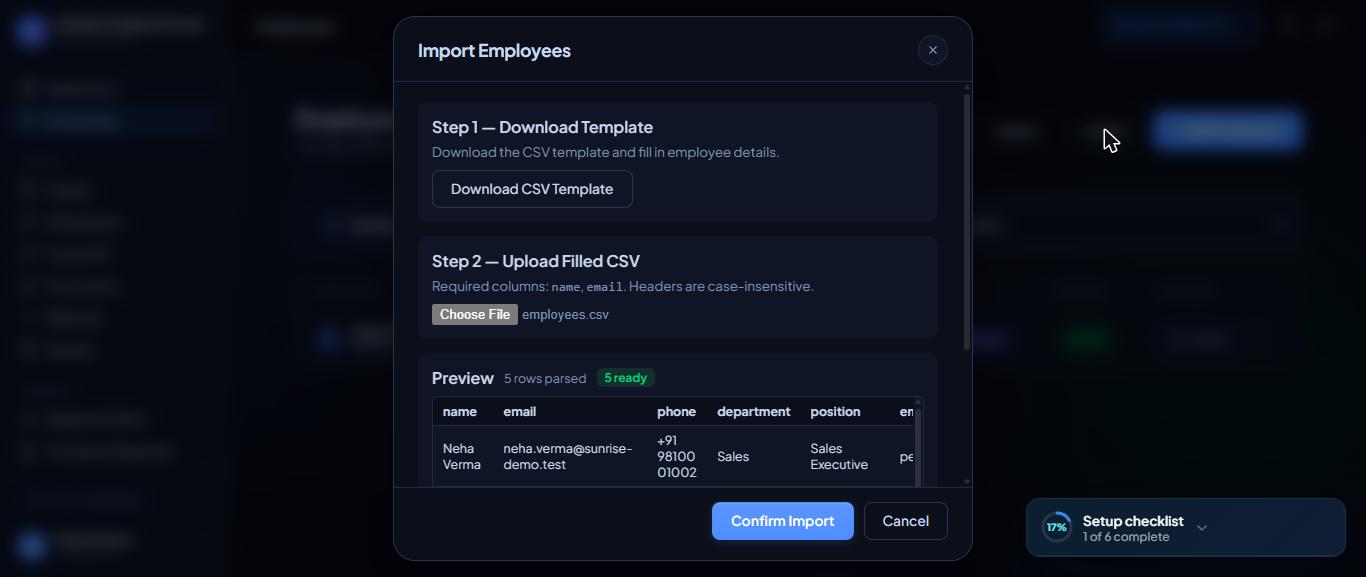 The import box shows a preview before you confirm.