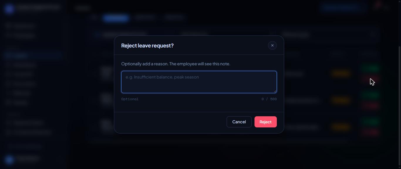 Rejecting a leave request with a note.