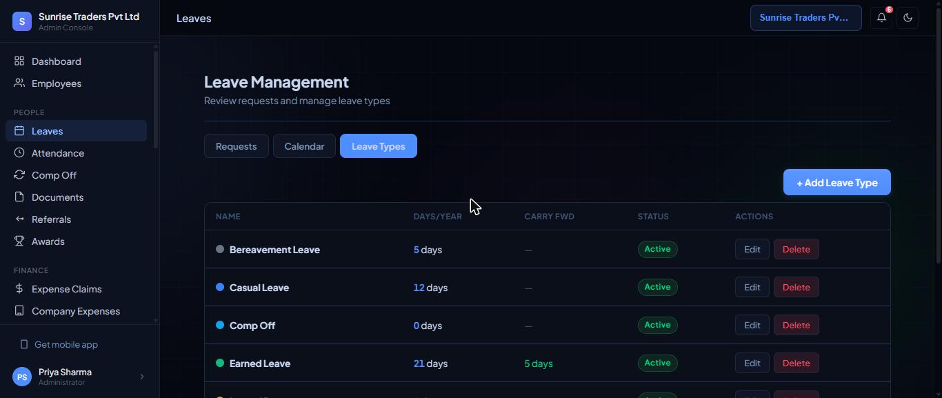 Leave Types, with the + Add Leave Type button.