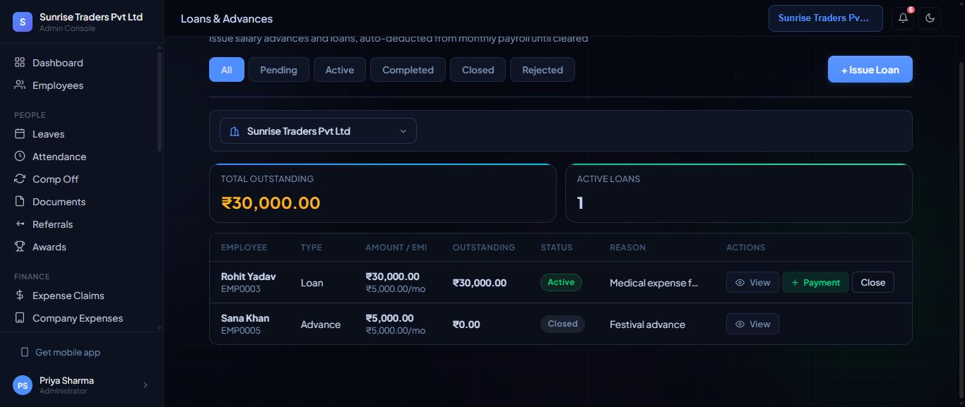 Loans list with status and what is still owed.