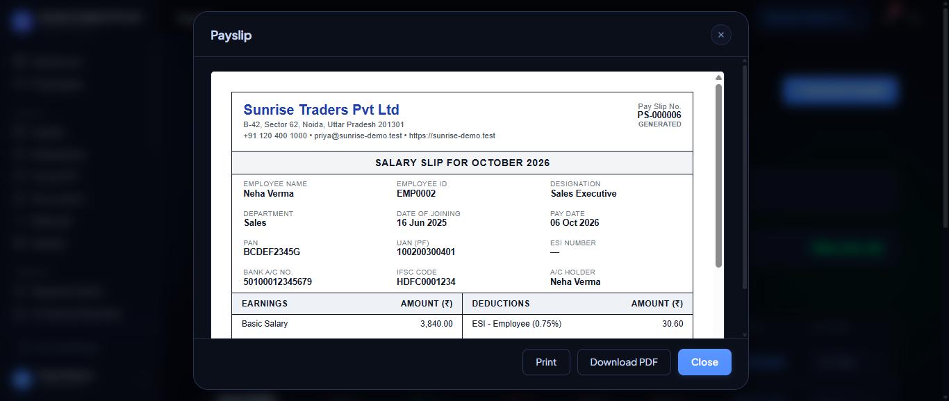 The slip opens in a window with Print and Download PDF.
