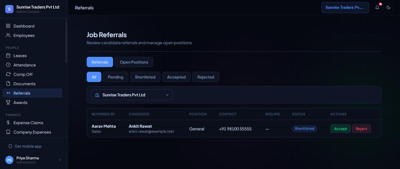 A shortlisted referral with Accept and Reject.