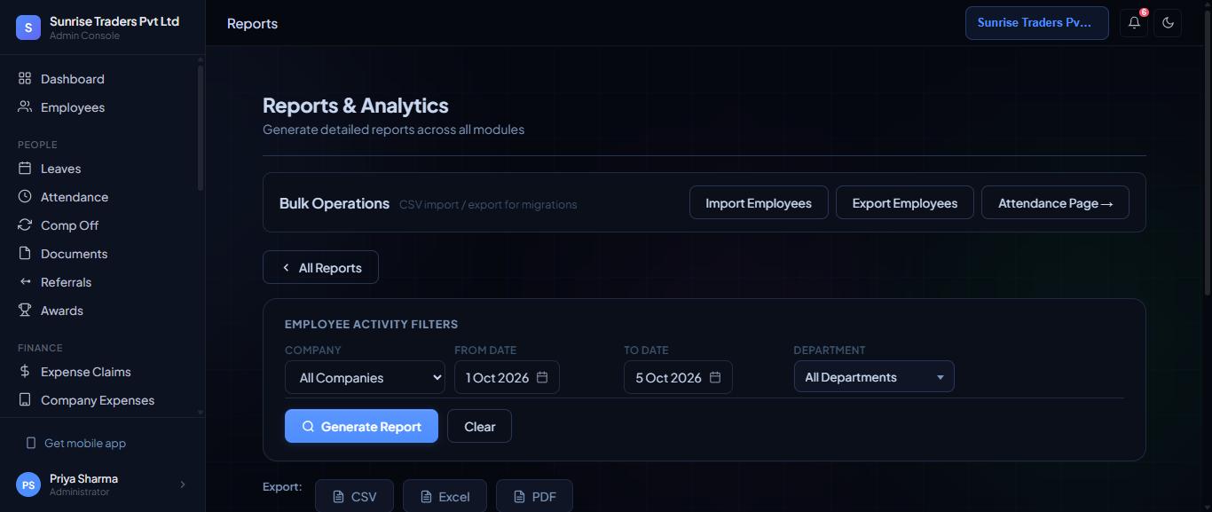 Report filters and export buttons.
