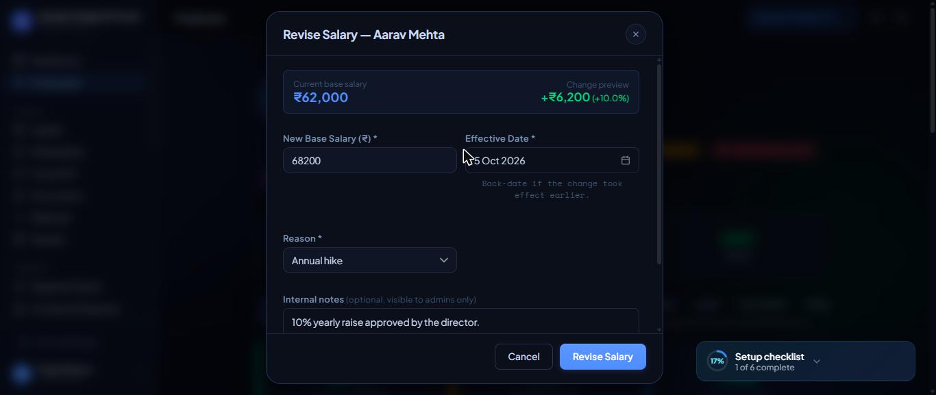 The Revise Salary form shows the change before you save.