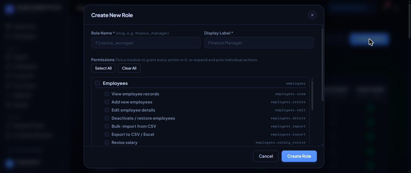 Creating a role. There are 53 separate permissions.