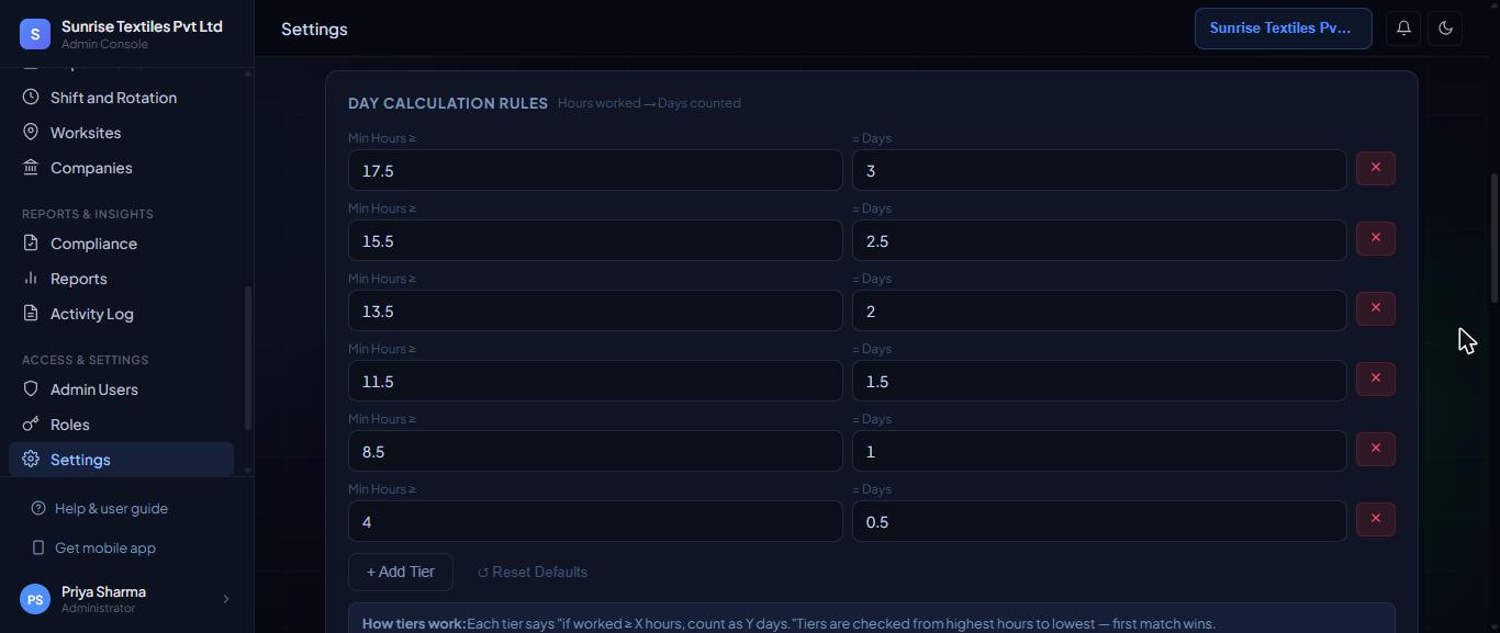Settings, Attendance tab: Day Calculation Rules, hours worked to days counted.