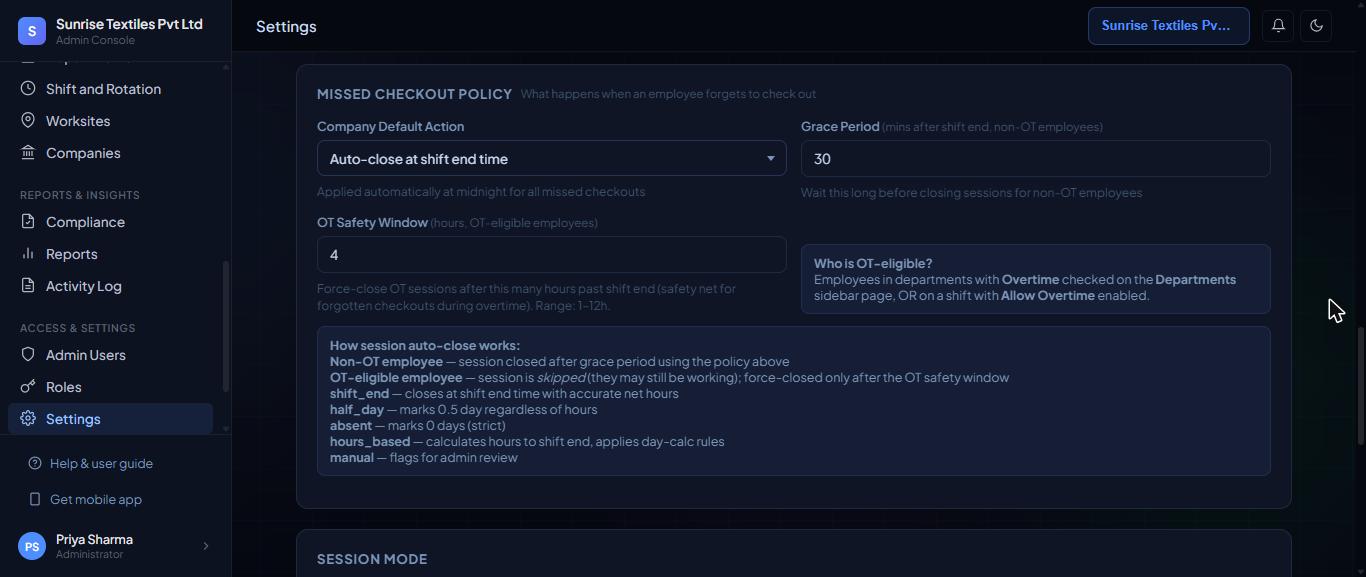 Settings, Attendance tab: Missed Checkout Policy.