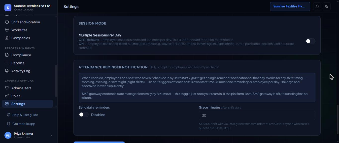 Settings, Attendance tab: Multiple Sessions Per Day and daily reminders.