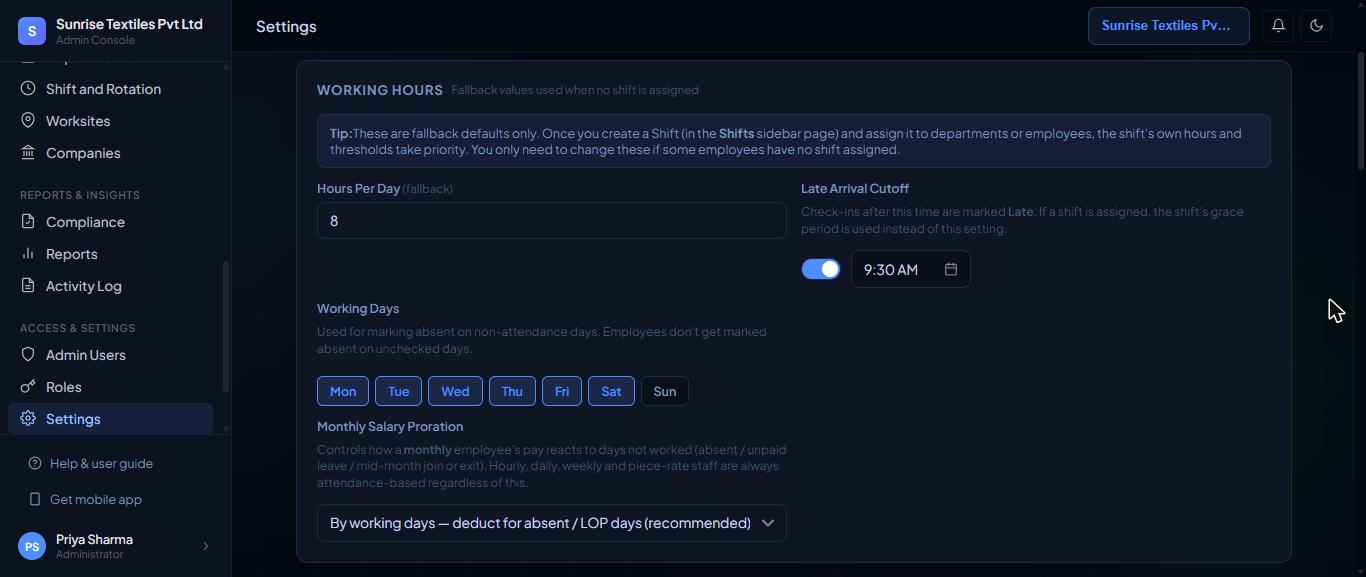 Settings, Attendance tab.